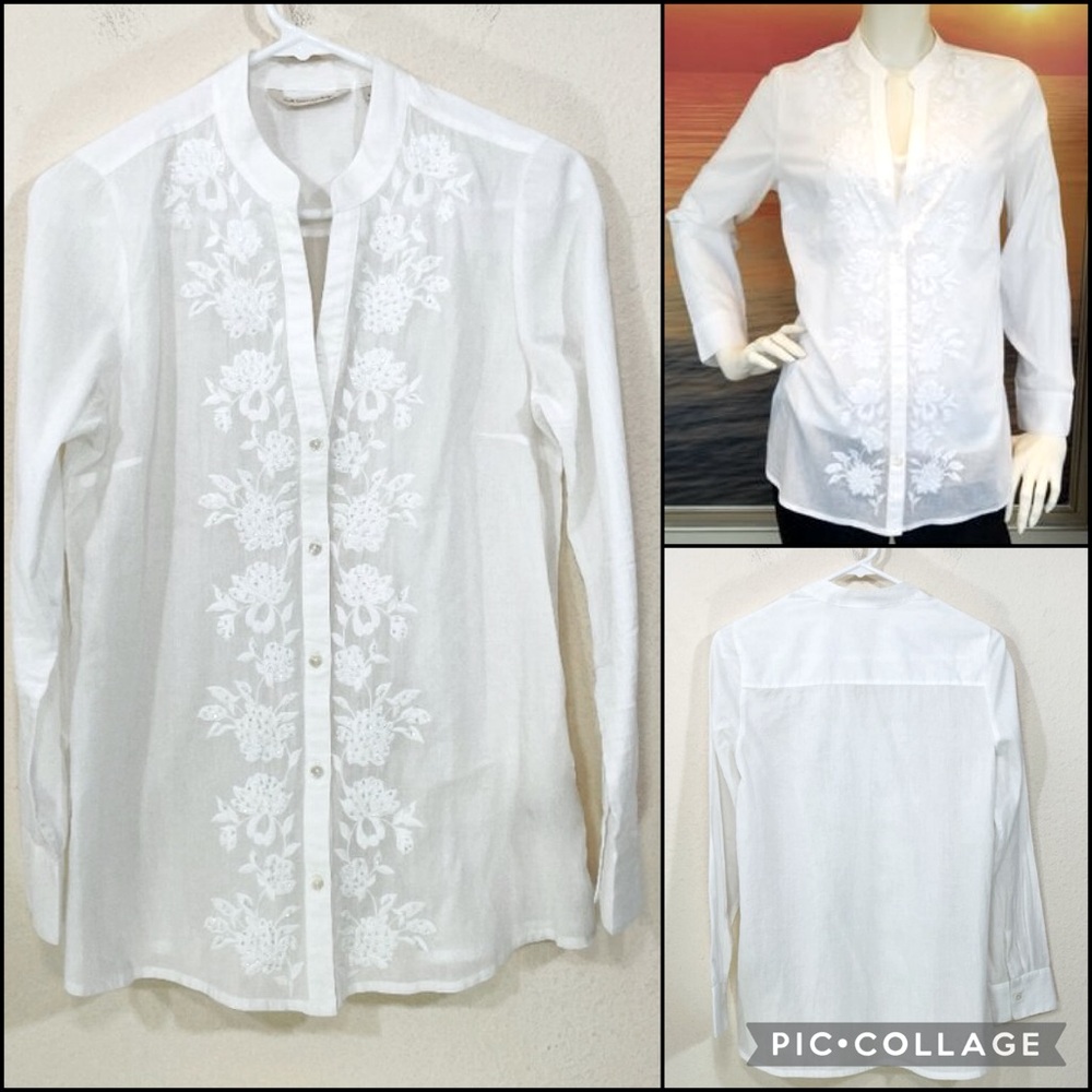 Soft Surroundings Embroidered Beaded Floral Appliqué Button-down Shirt